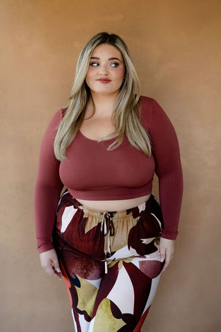 Long-sleeved bamboo crop top - brick