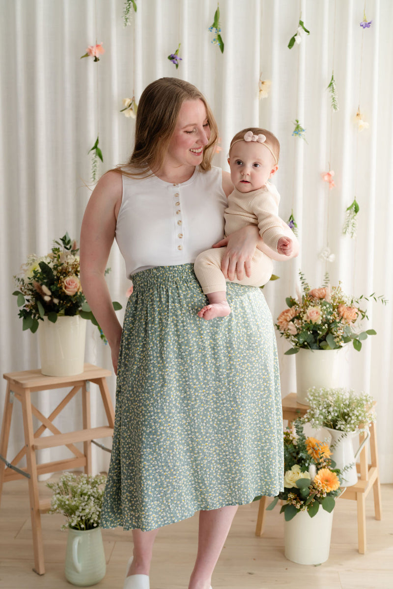 Jupe fleurie à taille élastique - vert tendre