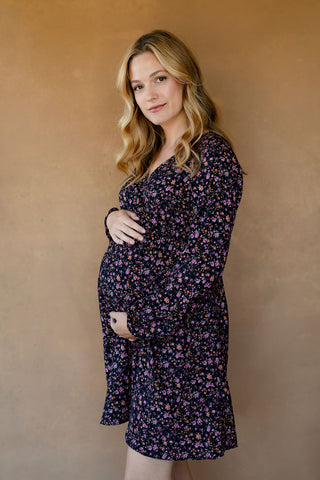 Robe LOLITA (taille élastique/manches bouffantes) - à fleurs noir & rose