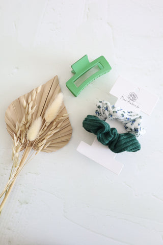 TRIO: 2 scrunchies & 1 clip - sunny forest