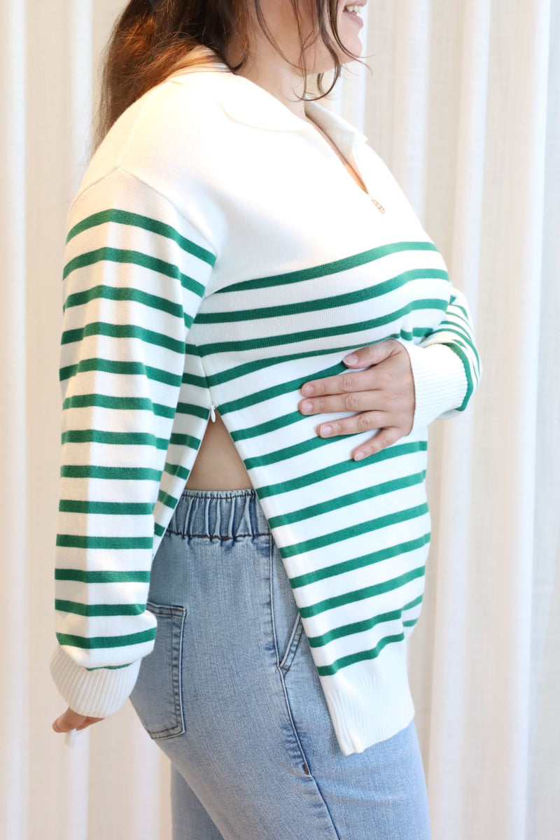 MICHELLE sweater - white & green stripes