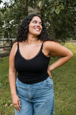 Camisole côtelée en bambou avec dentelle - noir