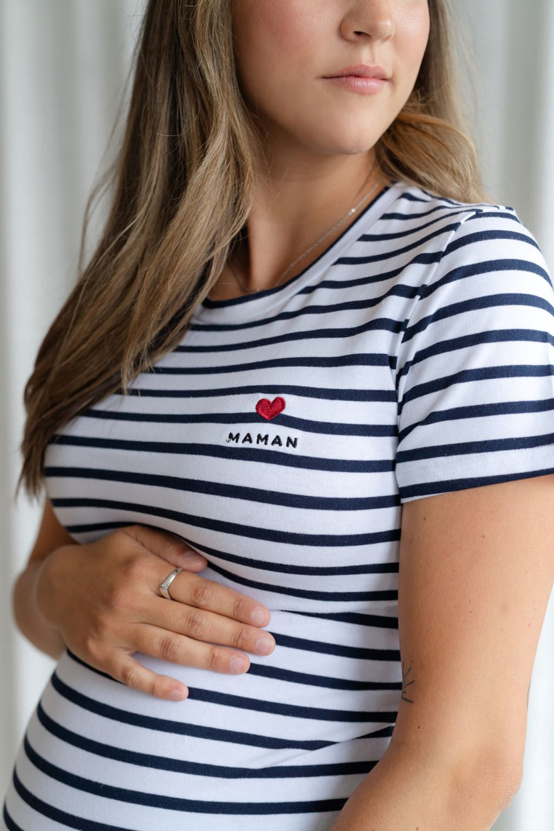 BALLOUNE DESIGN X ROSE MATERNITÉ - T-shirt with zipper and MOMAN'S EMBROIDERY - mini stripes
