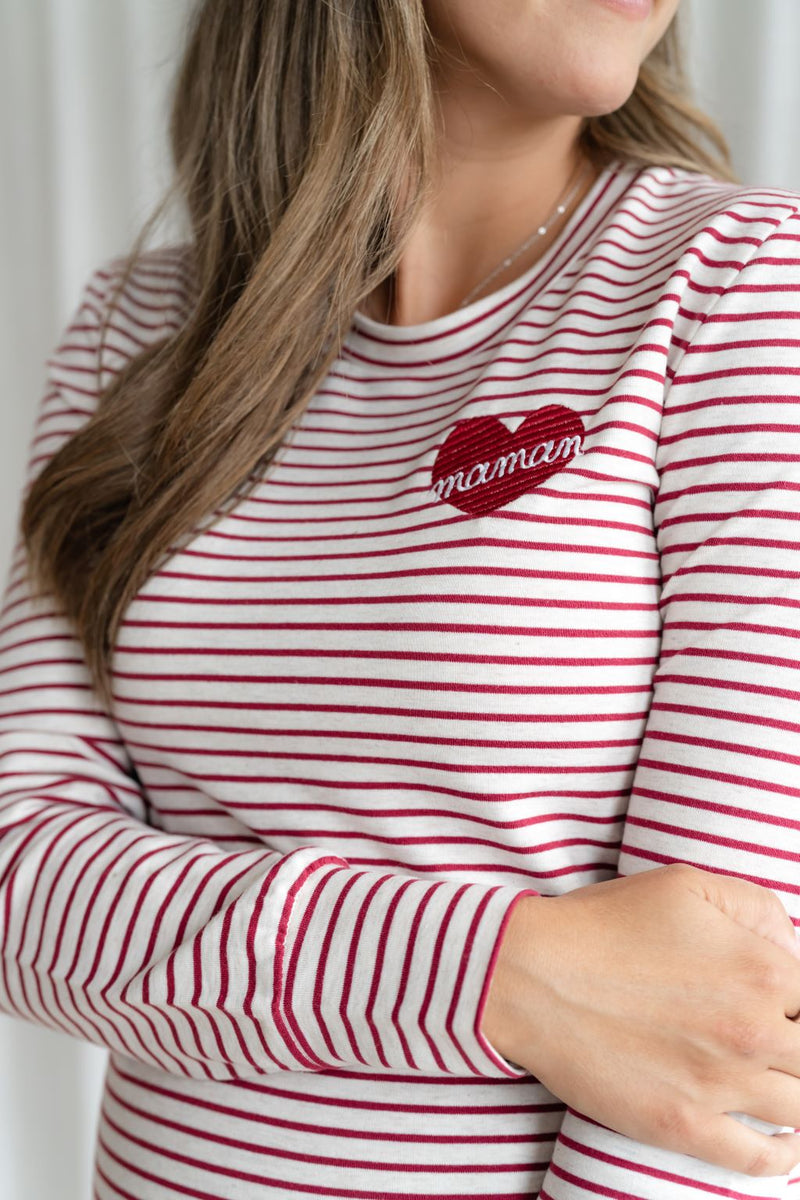 BALLOUNE DESIGN X ROSE MATERNITÉ - BÉATRICE sweater with MOMAN EMBROIDERY - beige & raspberry stripes