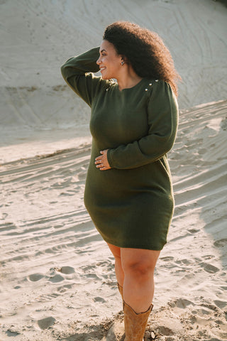 LARA dress (with puffed sleeves and faux gold buttons) - khaki