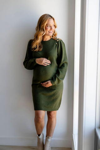 LARA dress (with puffed sleeves and faux gold buttons) - khaki