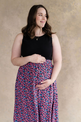Floral skirt with elastic waist - fuchsia & blue combo