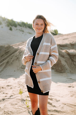 CÉCILE cardigan (long stripe) - beige & white