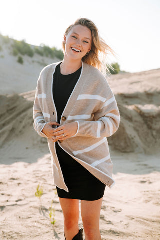 CÉCILE cardigan (long stripe) - beige & white
