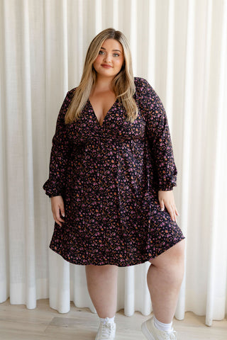 LOLITA dress (elastic waist/puffed sleeves) - floral black & pink