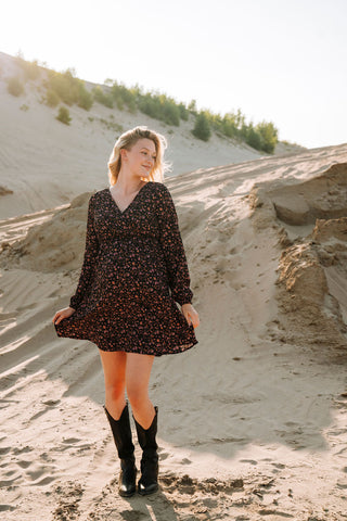 LOLITA dress (elastic waist/puffed sleeves) - floral black & pink