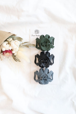 Set of 3 hair clips - green, black & grey