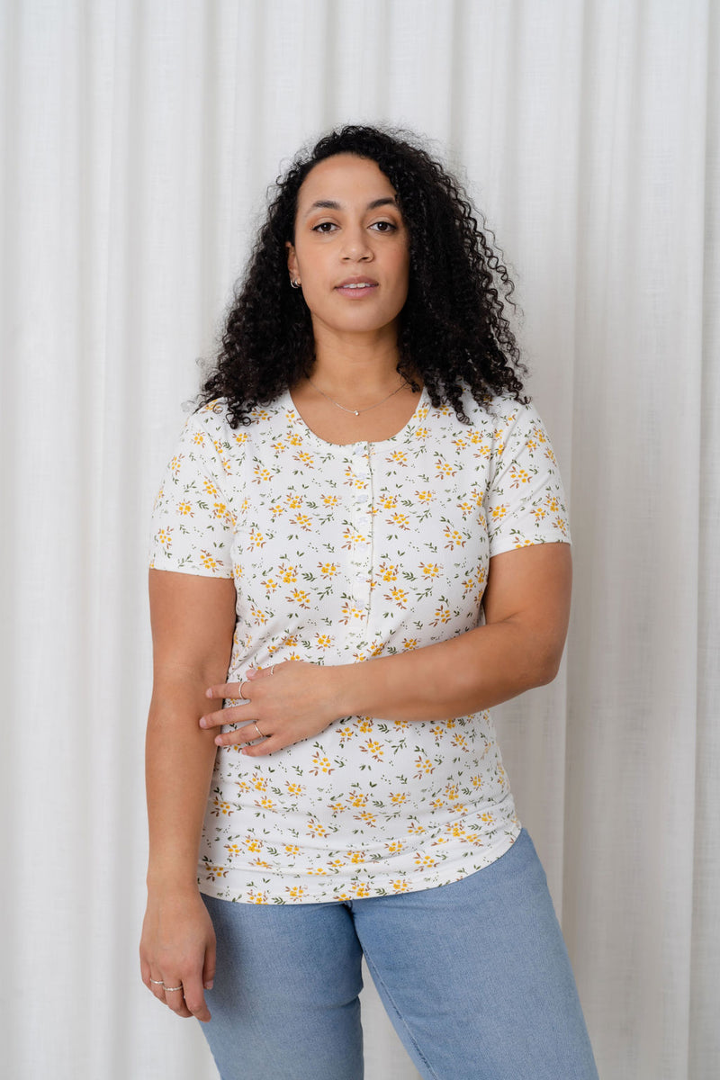 Fluid button down t-shirt - brown & yellow floral