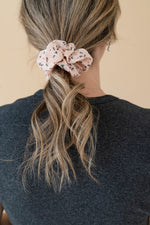 Silky scrunchie - floral - pale pink background