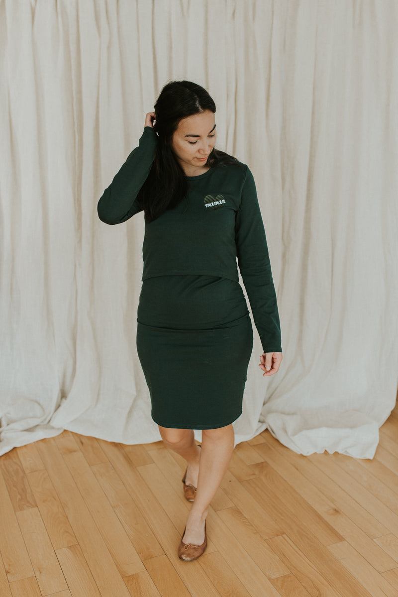 BALLOUNE DESIGN X ROSE MATERNITÉ - Robe AMANDINE avec BRODERIE MAMAN - vert forêt