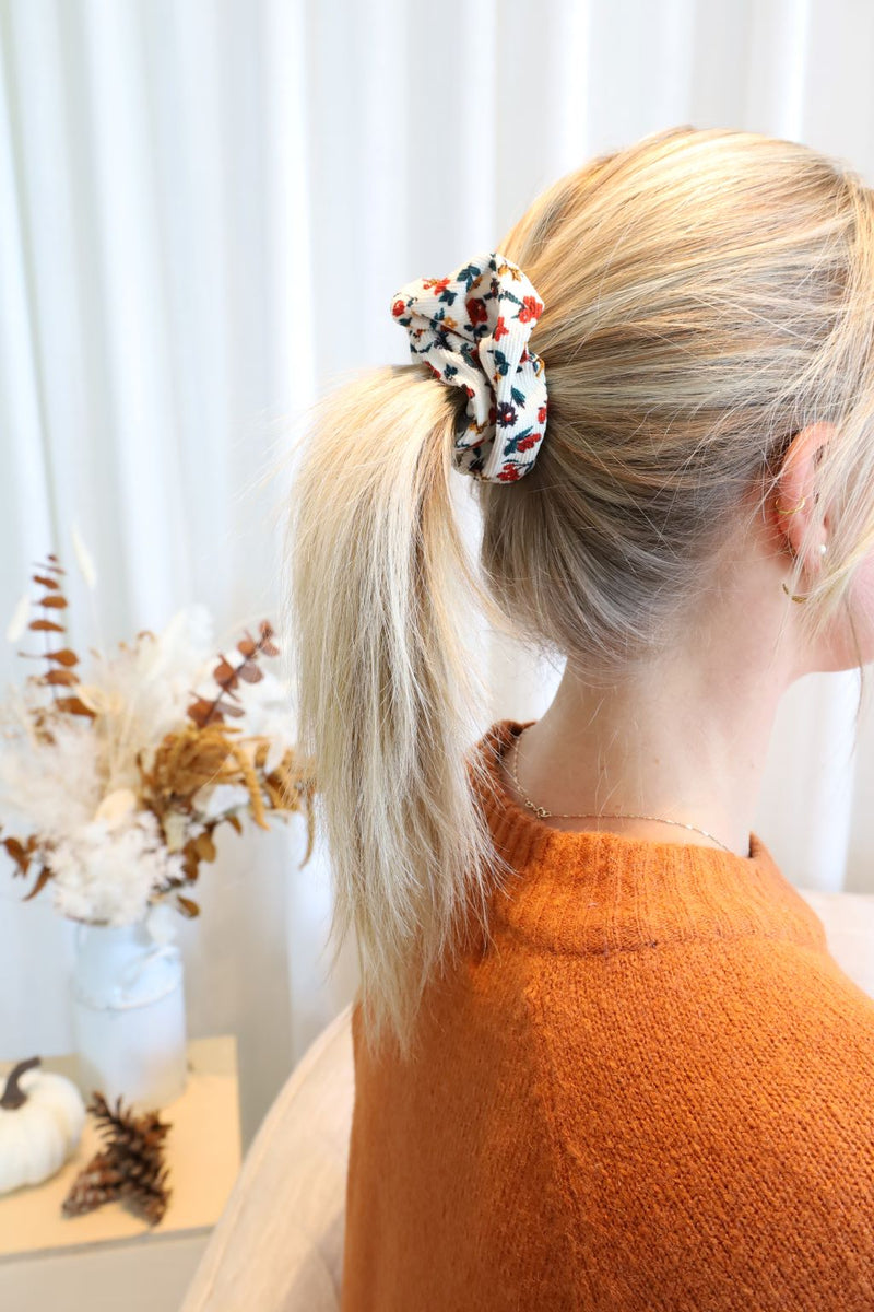 TRIO: 2 pinces & 1 chouchou d'automne - kaki & beige fleuri
