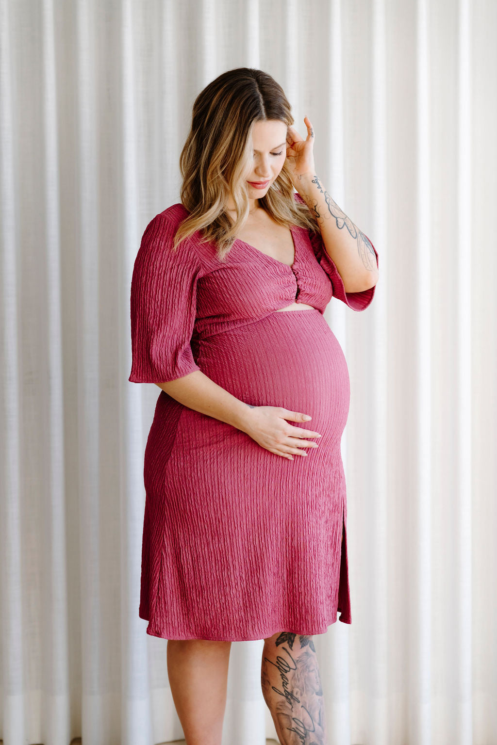 LDP Robe midi texturé rose romantique – ROSE MATERNITÉ