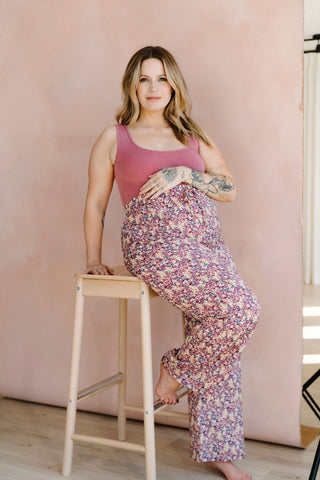 LDP - Pantalons à taille élastique fleuri - à motif magenta