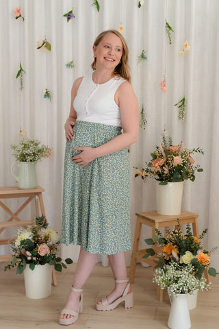 Jupe fleurie à taille élastique - vert tendre
