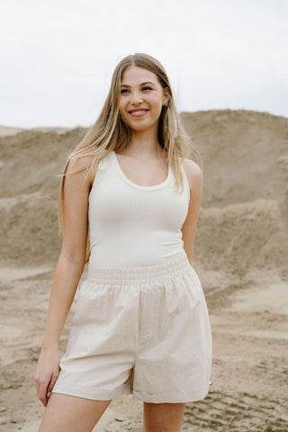 Short en lin à taille élastique - amande