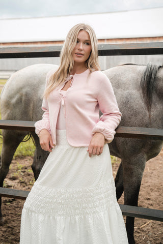 Cardigan à boucles à manches bouffantes - rose pétale