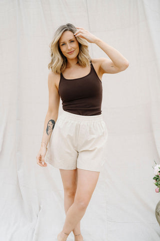 Short en lin à taille élastique - amande