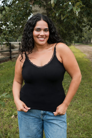 Camisole côtelée en bambou avec dentelle - noir
