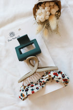 TRIO: 2 pinces & 1 chouchou d'automne - kaki & beige fleuri