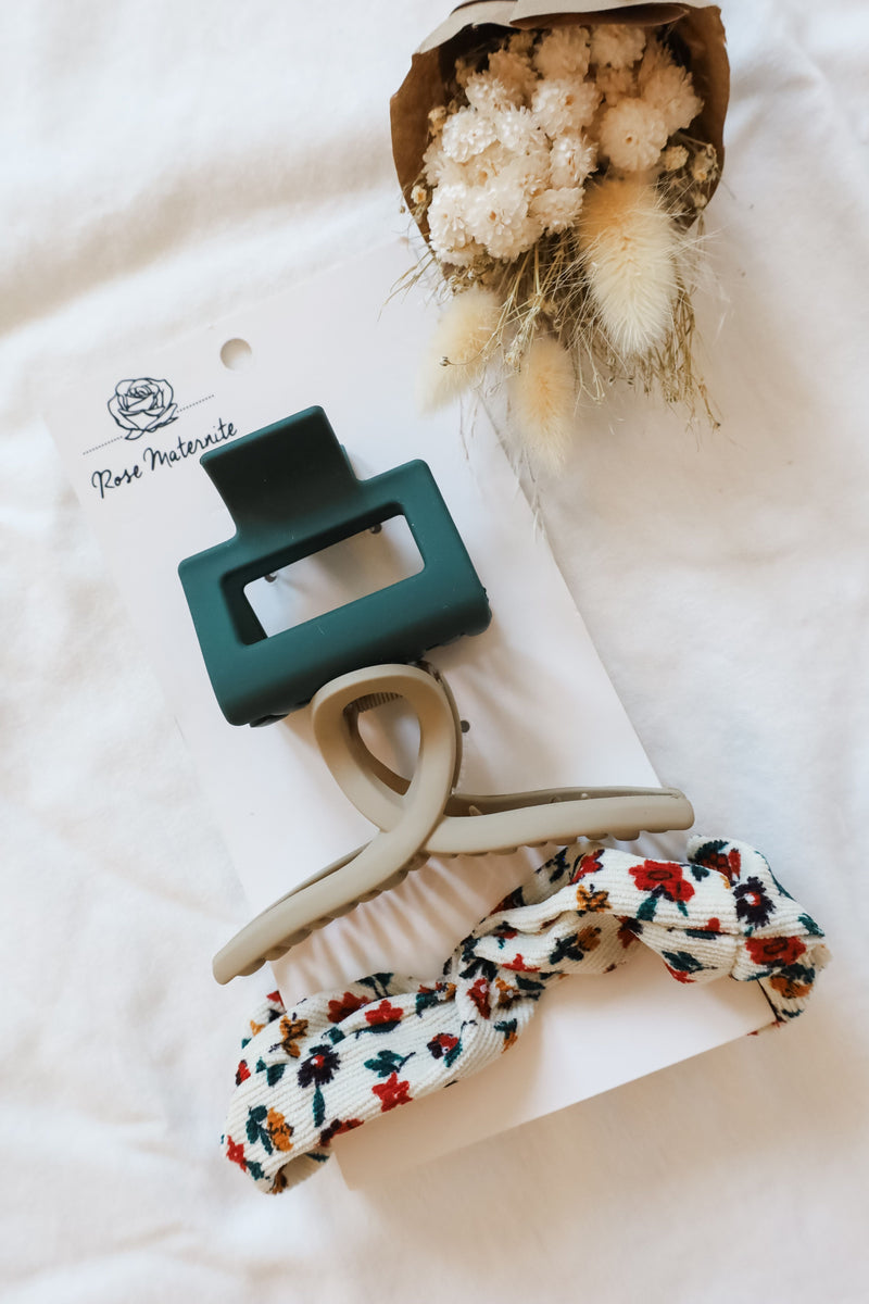 TRIO: 2 pinces & 1 chouchou d'automne - kaki & beige fleuri