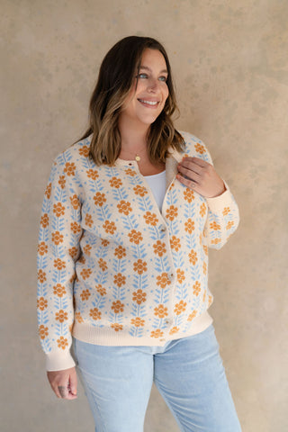 Cardigan à fleurs - beige & bleu