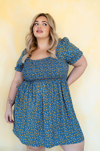 Robe COLETTE - bleu à fleurs jaune