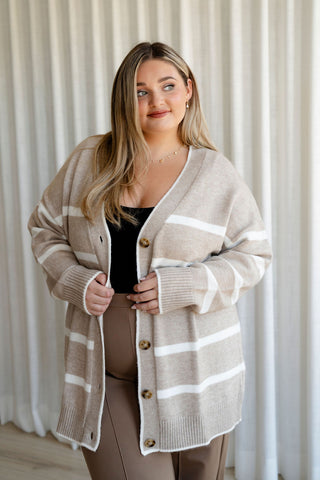Cardigan CÉCILE (long à rayures) - beige & blanc
