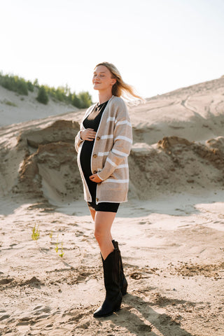 Cardigan CÉCILE (long à rayures) - beige & blanc