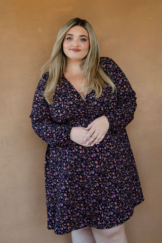 Robe LOLITA (taille élastique/manches bouffantes) - à fleurs noir & rose