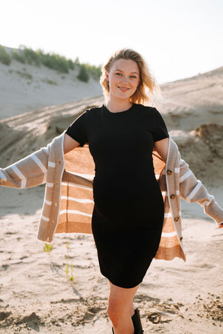 Cardigan CÉCILE (long à rayures) - beige & blanc