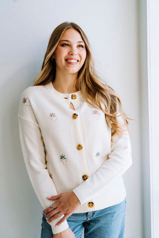 Cardigan MARTINE à col rond - fleur broderie