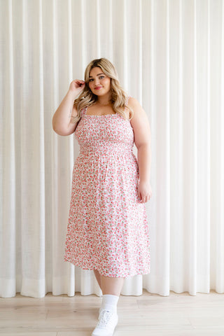Robe MALIBU (midi à fleurs) - rose & blanche