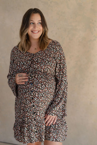 Robe fleurie à manches longues - noir