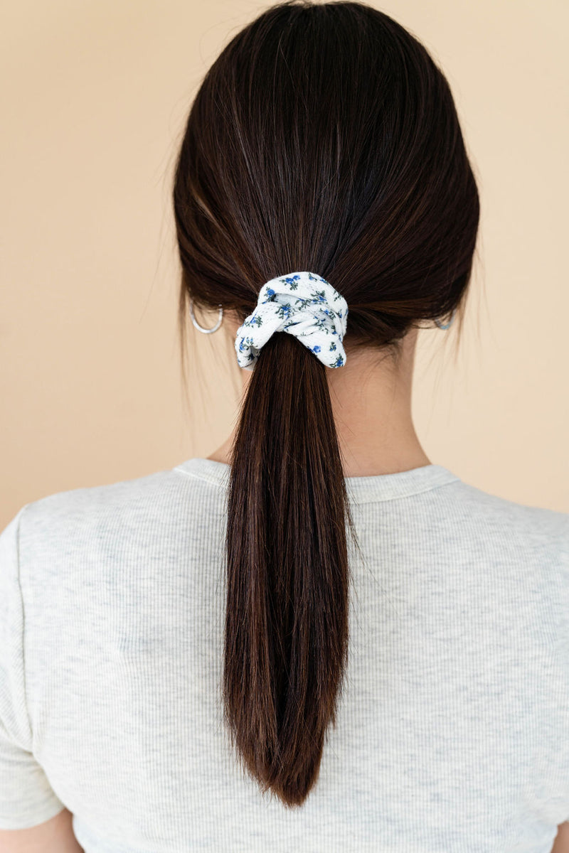 Chouchou pointelle - fleuri bleu
