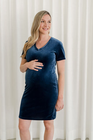 Robe INTRIGUE COL V - velours bleu acier